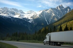 Tractor Trailer in front of mountains